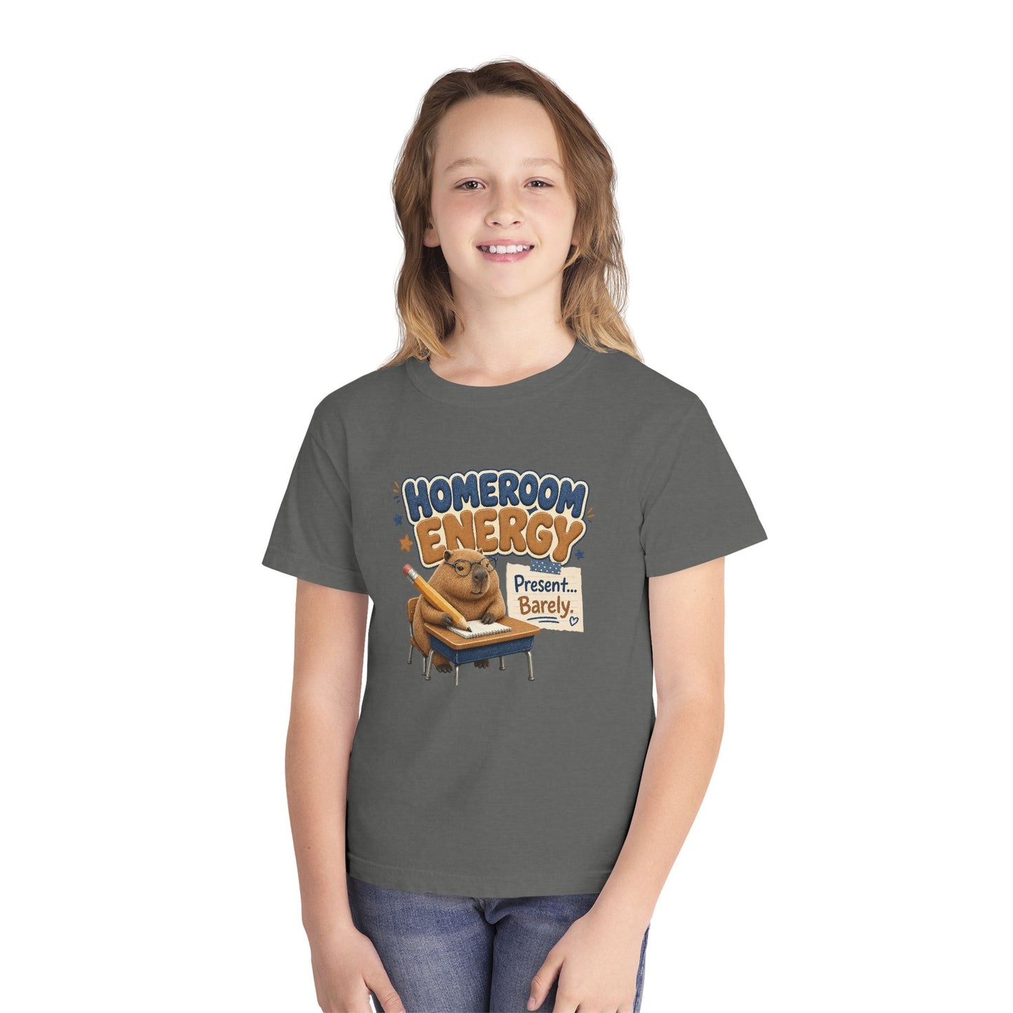 Homeroom Energy Sloth on Desk Youth Tee | Funny School Illustration