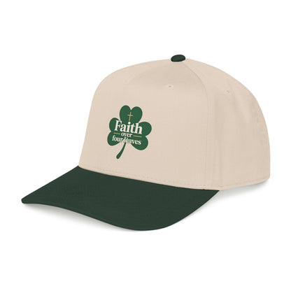 Faith Over Four Leaves Shamrock Mid Profile Baseball Cap | Religious St. Patrick's