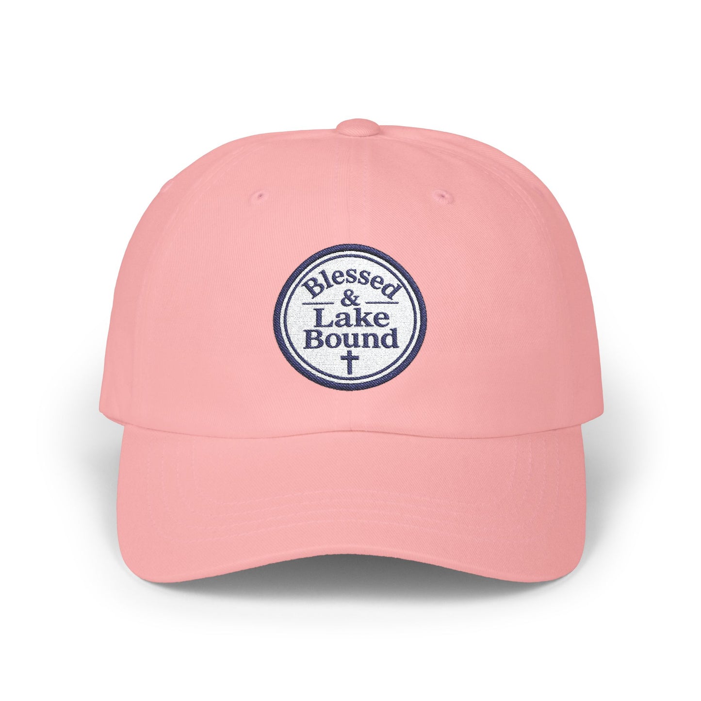 Blessed & Lake Bound Dad Cap | Embroidered Circle Logo, White Baseball Hat