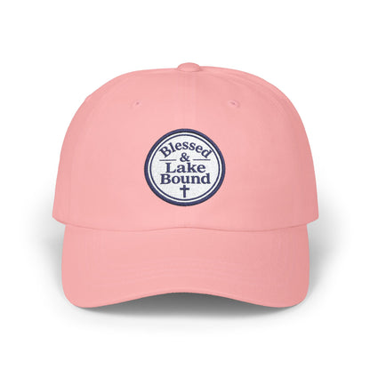 Blessed & Lake Bound Dad Cap | Embroidered Circle Logo, White Baseball Hat