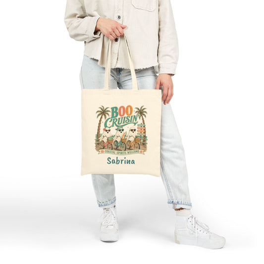 Boo Cruisin' ghost beach scene Tote | Halloween coastal spooky palm trees