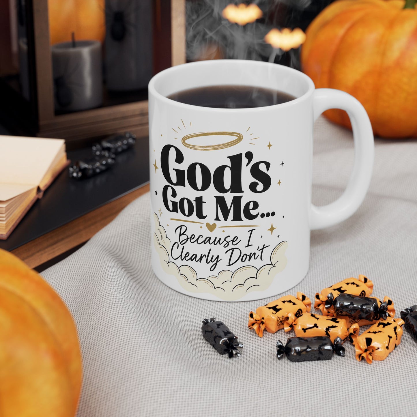 God's Got Me Mug | Religious Christian Coffee Cup with Halo & Clouds