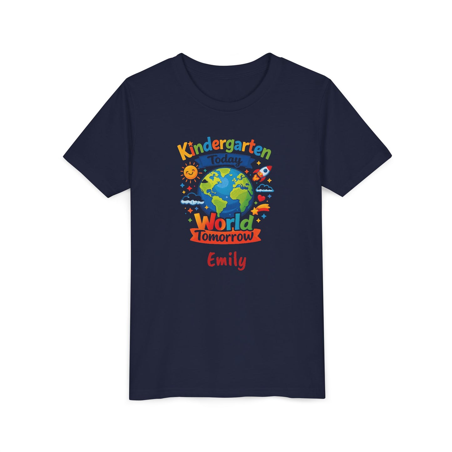 Kindergarten Today World Tomorrow Youth Tee | Personalized Kids Back to School Shirt