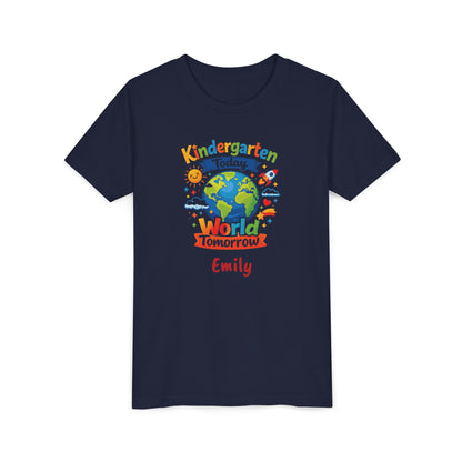 Kindergarten Today World Tomorrow Youth Tee | Personalized Kids Back to School Shirt