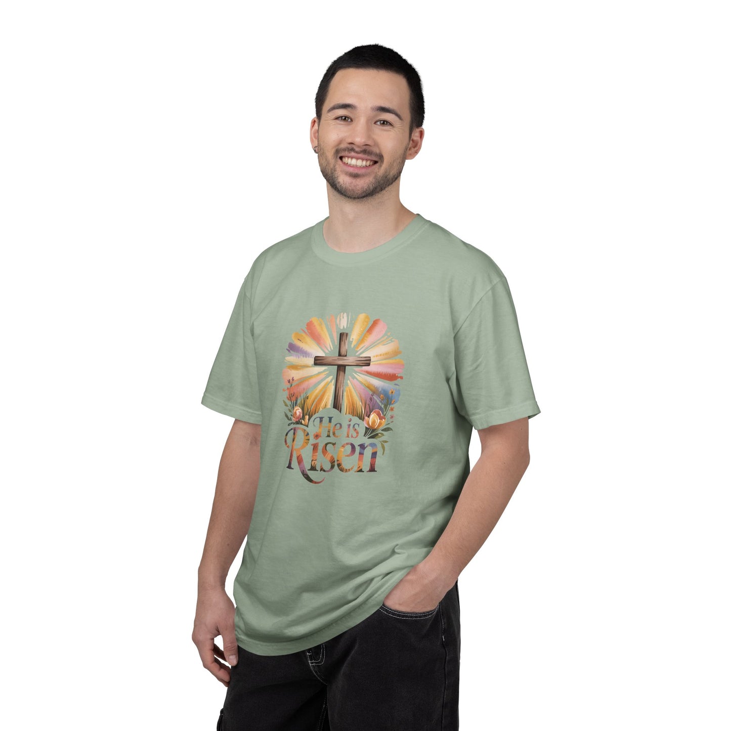 He Is Risen cross sunrise design T-Shirt | Easter faith floral