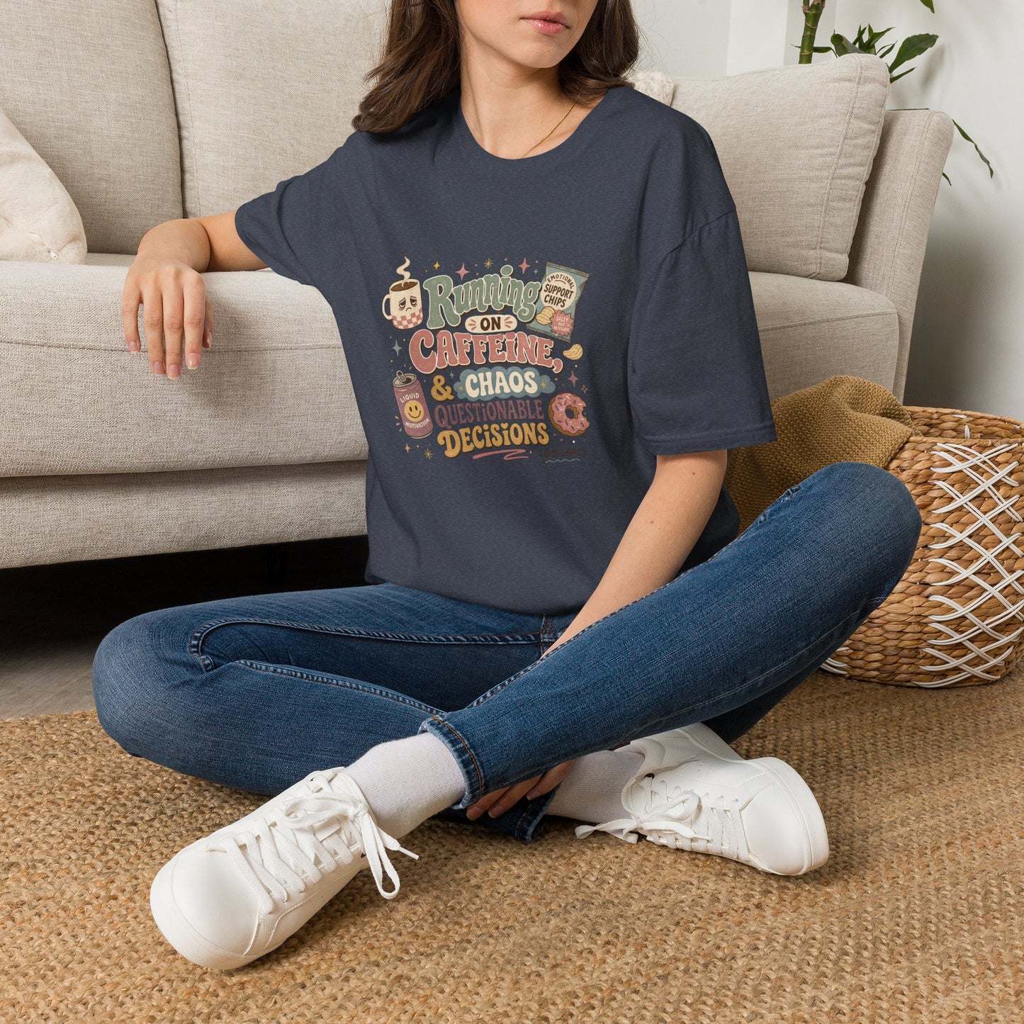 Running on Caffeine & Chaos T-Shirt | Coffee Mug Donut Illustration
