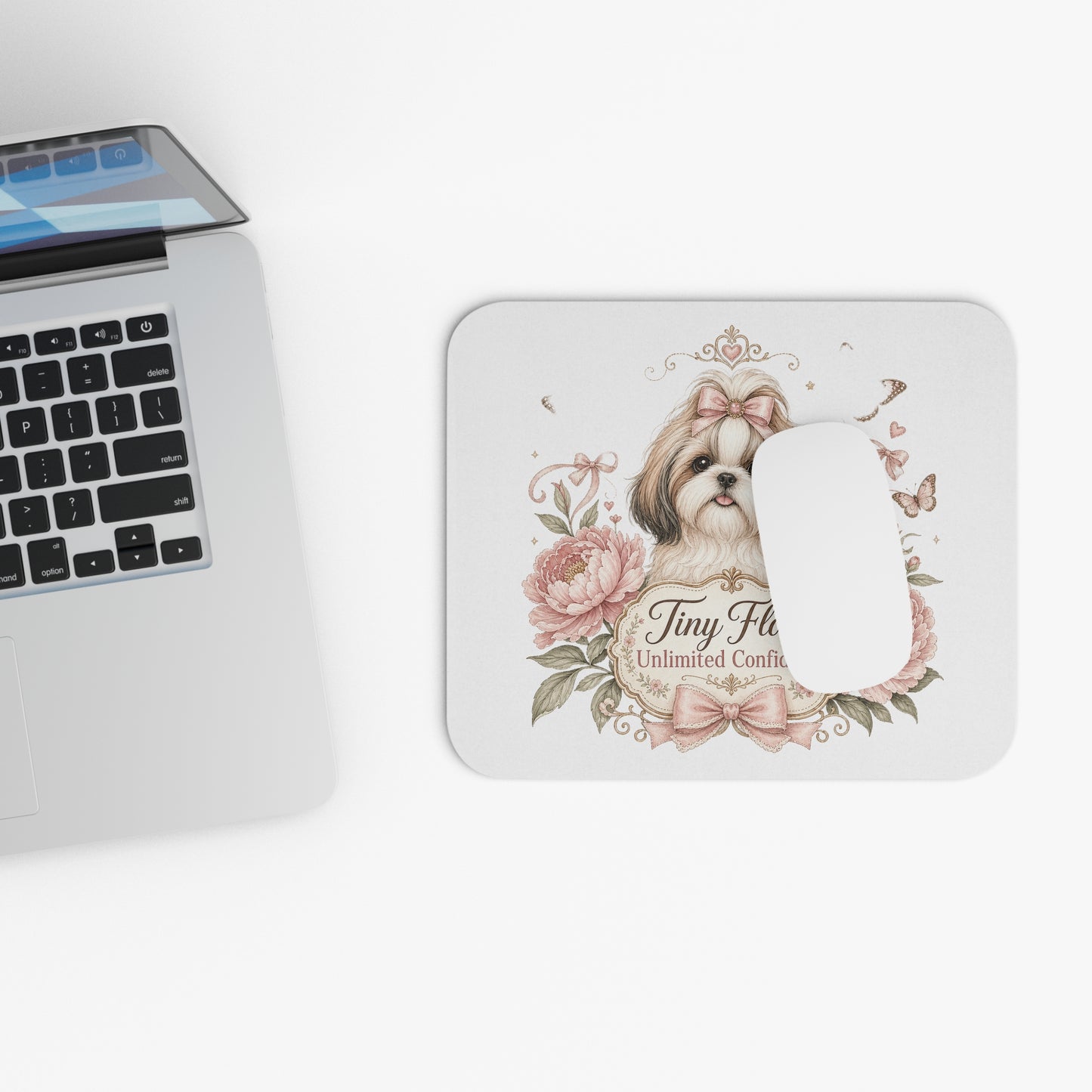 Shih Tzu Floral Illustration Mouse Pad | Tiny Floof Decorative Desk Mat