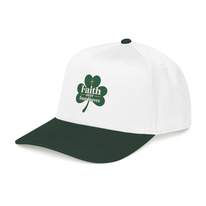 Faith Over Four Leaves Shamrock Mid Profile Baseball Cap | Religious St. Patrick's