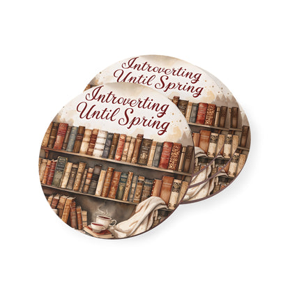Coasters for Book Lovers, Introverting Until Spring Coasters, Cozy Home Decor, Gift for Readers, Literary Gifts