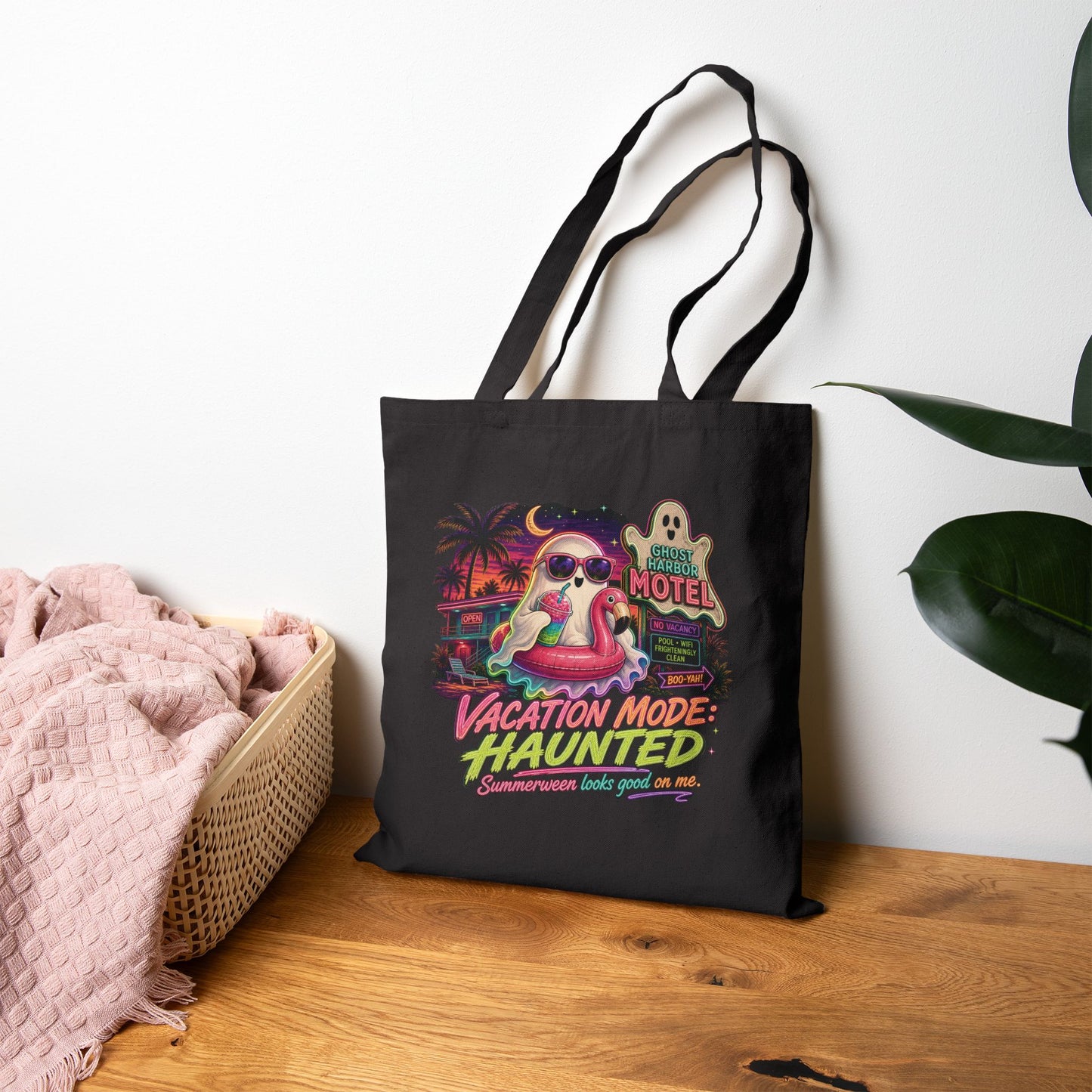 Vacation Mode Haunted Tote Bag | Retro Ghost Motel Beach Illustration