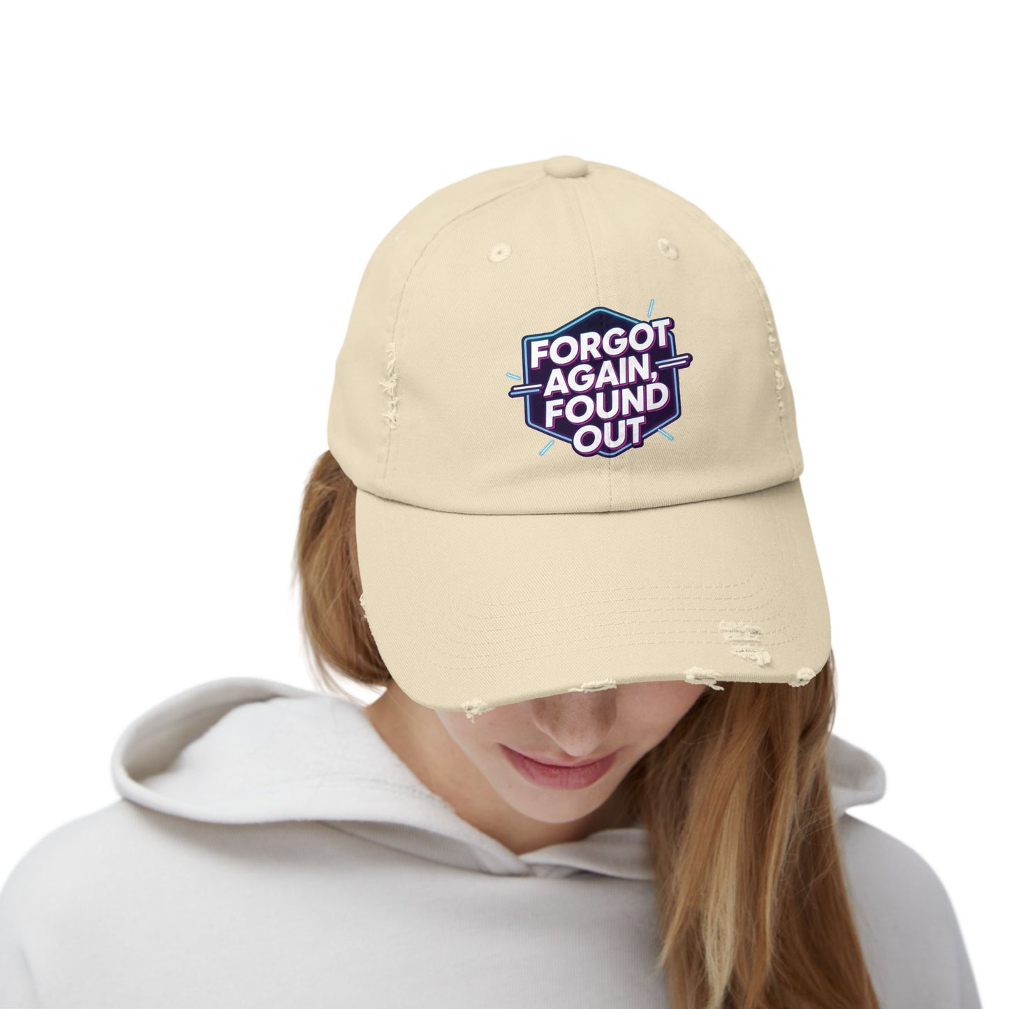 Unisex Distressed Cap with 'Forgot Again, Found Out' Design | Trendy Casual Hat | Gift for Friends | Summer Accessory | Everyday Wear