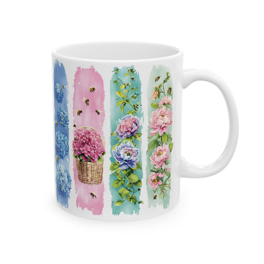 Watercolor Floral Strips Mug | Pink Peonies Blue Hydrangea Ceramic Mug