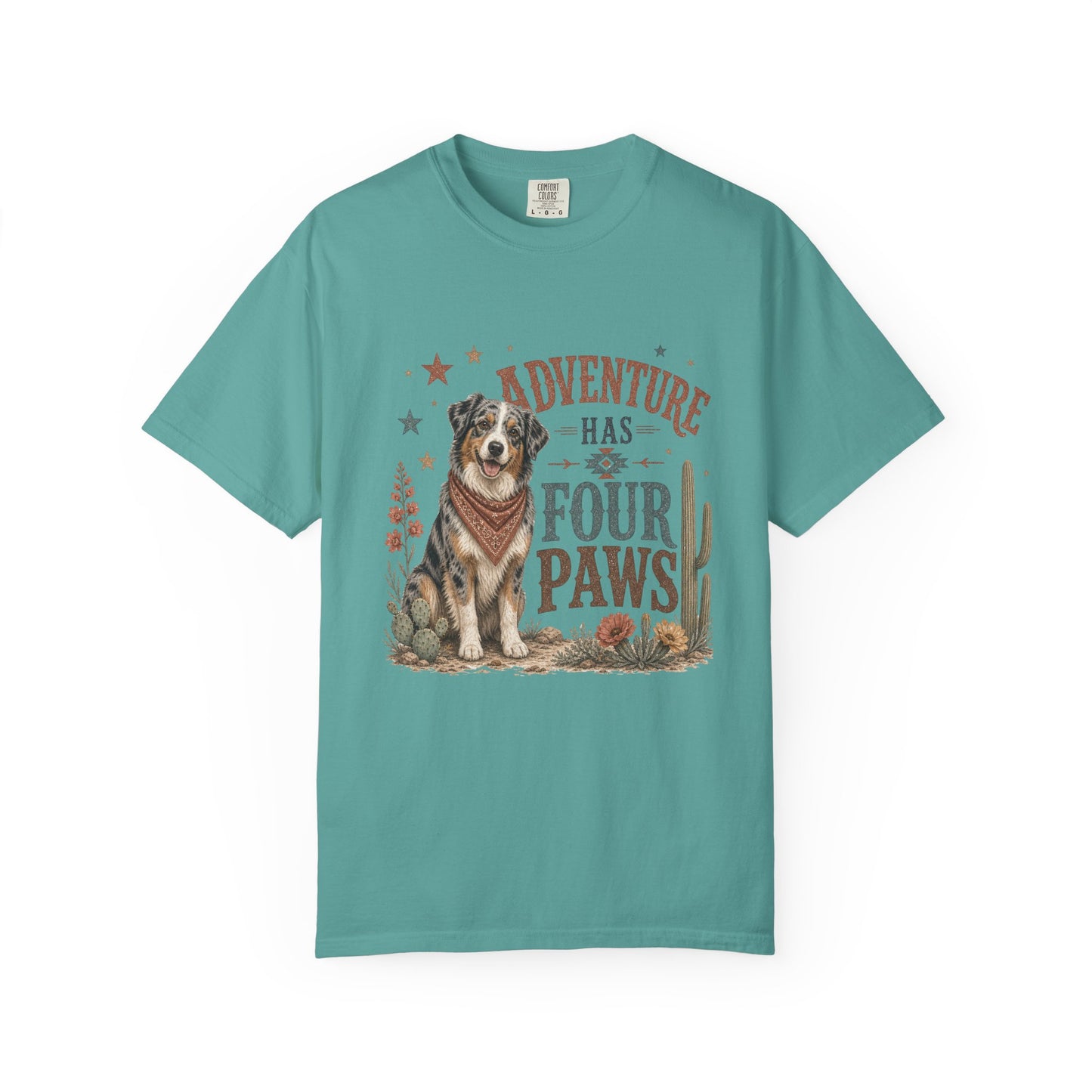 Adventure Has Four Paws T-Shirt | Australian Shepherd Design