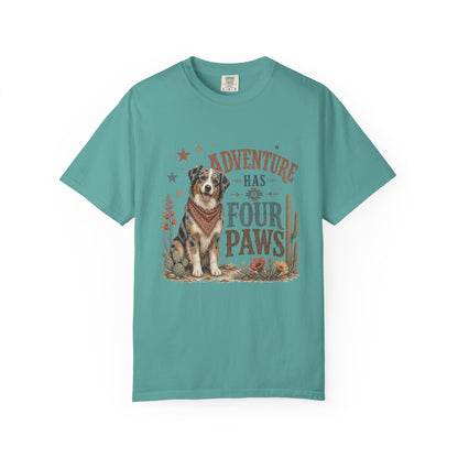 Adventure Has Four Paws T-Shirt | Australian Shepherd Design