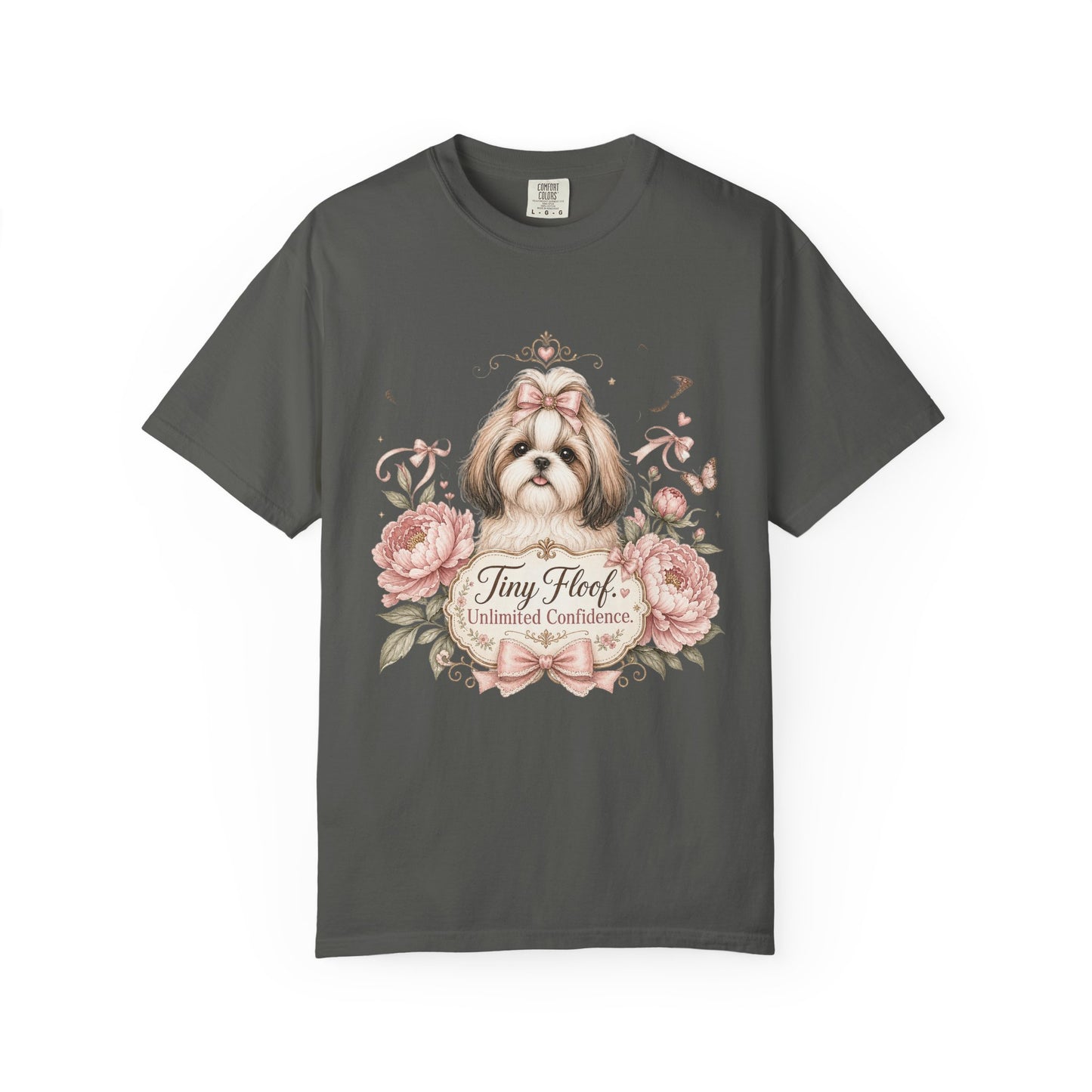 Shih Tzu Floral Portrait T-Shirt | Tiny Floof Illustration, Pink Roses