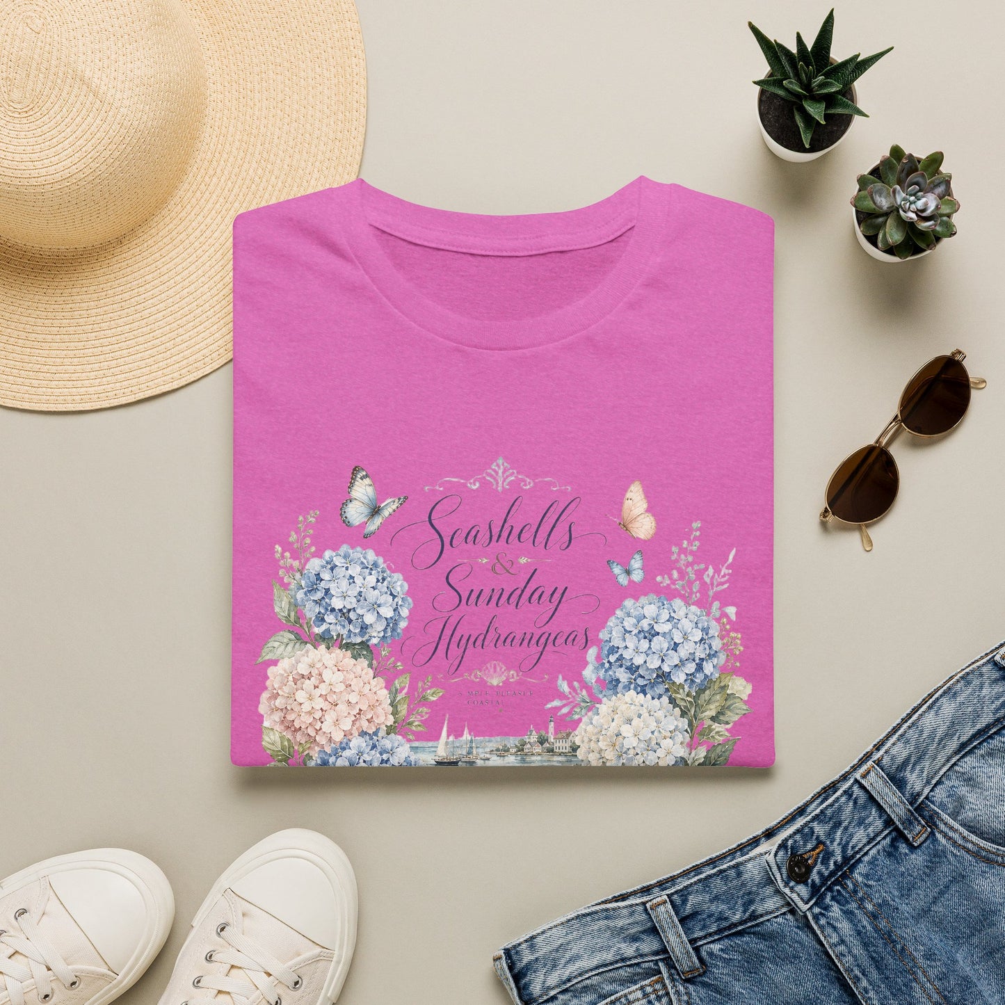 Seashells & Sunday Hydrangeas T-Shirt | Floral Coastal Cottage Shirt