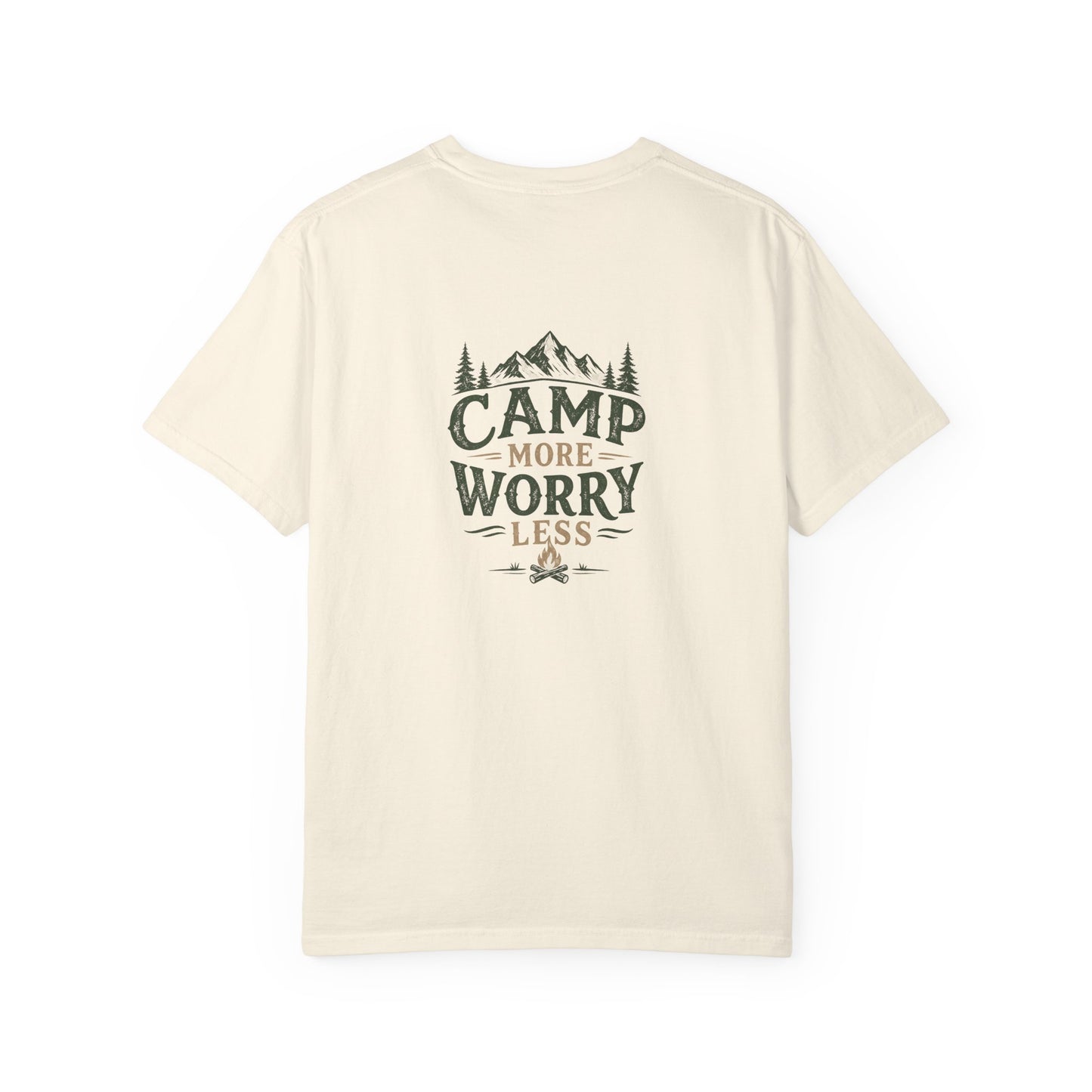Camp More Worry Less T-shirt | Camping Mountains Pine Trees Design
