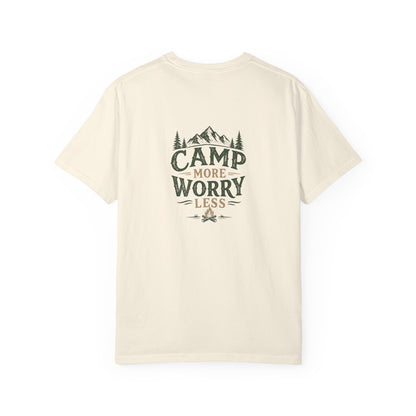 Camp More Worry Less T-shirt | Camping Mountains Pine Trees Design