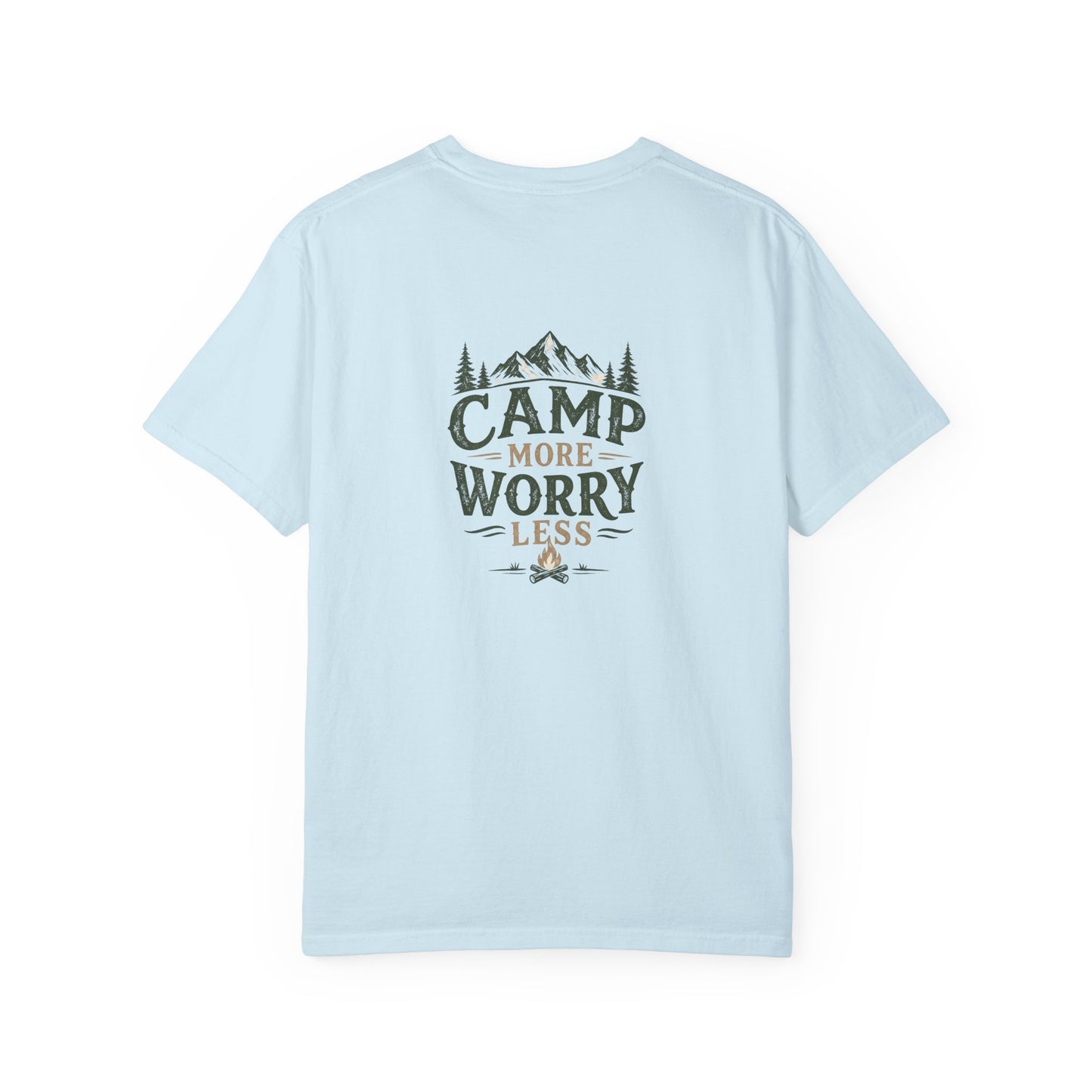 Camp More Worry Less T-shirt | Camping Mountains Pine Trees Design