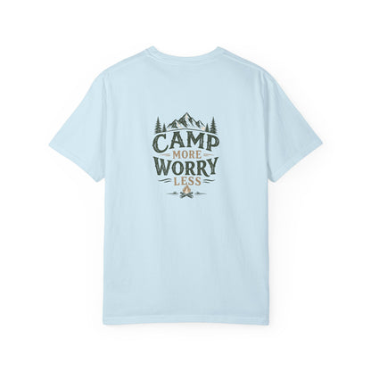 Camp More Worry Less T-shirt | Camping Mountains Pine Trees Design