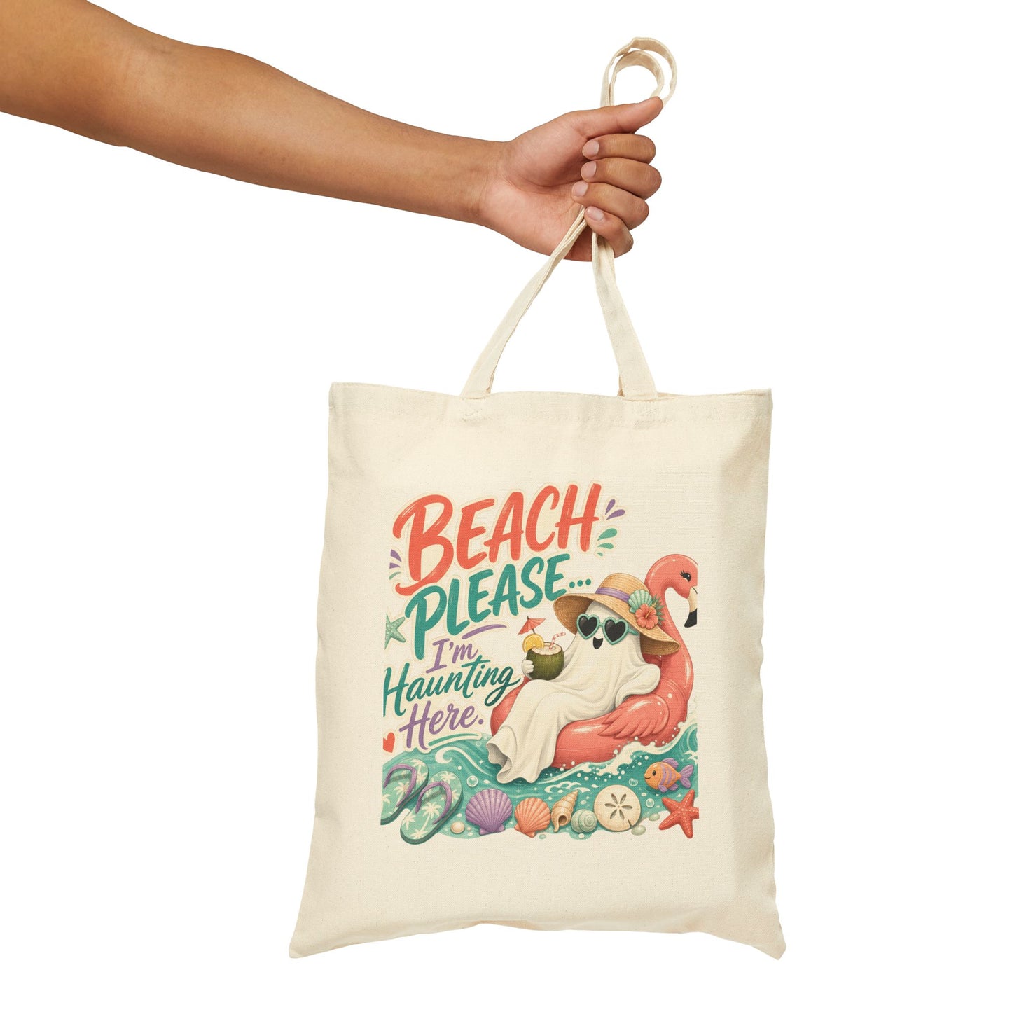 Beach Please Ghost Flamingo Tote Bag | Summer Beach Illustration, Personalized Option