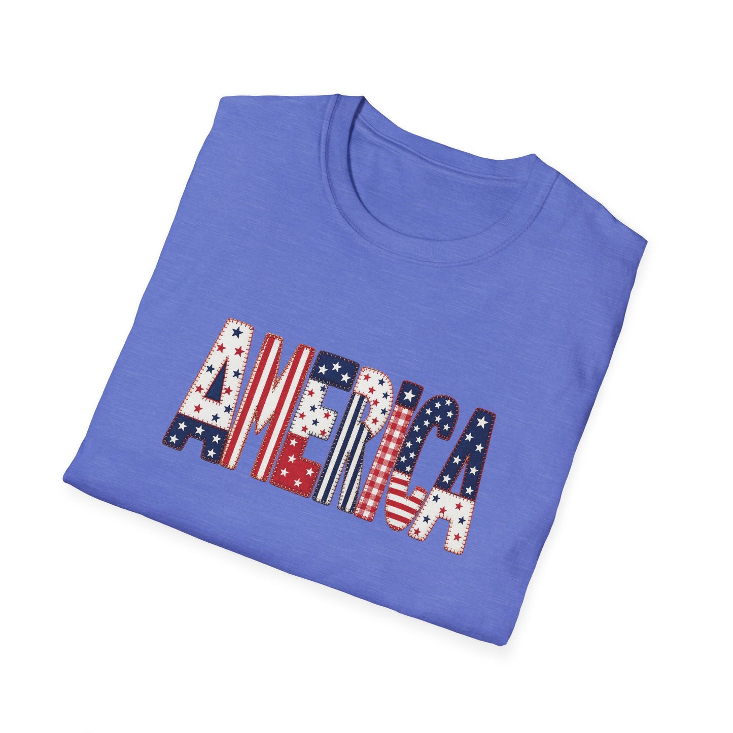 American Flag Patchwork Style Letters T-Shirt | Patriotic Fourth of July Tee