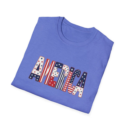 American Flag Patchwork Style Letters T-Shirt | Patriotic Fourth of July Tee