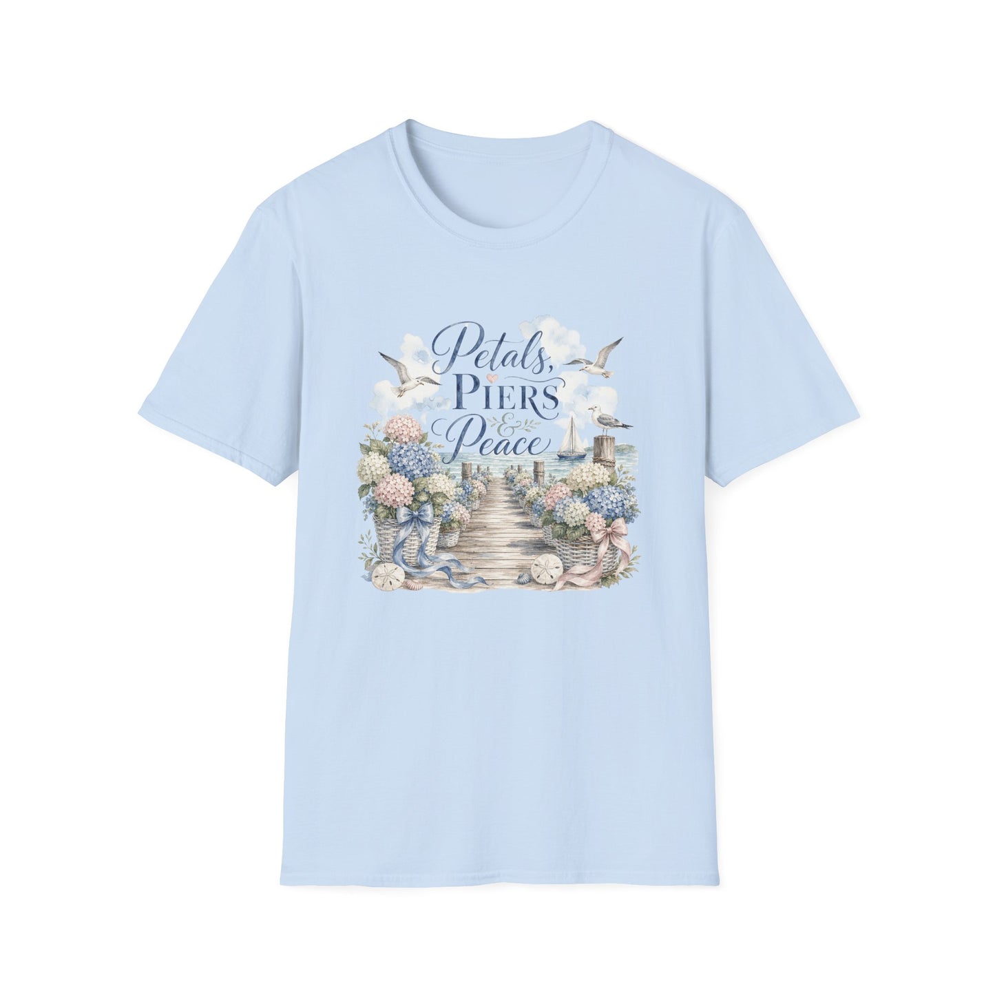 Petals Piers Peace T-Shirt | Coastal Lighthouse Floral Seagulls Design