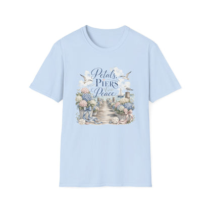 Petals Piers Peace T-Shirt | Coastal Lighthouse Floral Seagulls Design