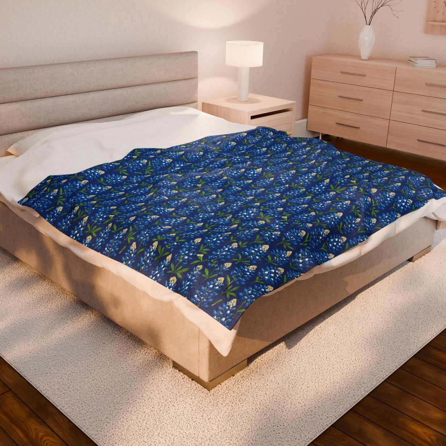 Velveteen Plush Blanket - Texas Bluebonnet Navy Blanket, Warm Cozy Throw, Home Decor Accent, Gift for Her, Floral Pattern Bedding, Soft Sofa