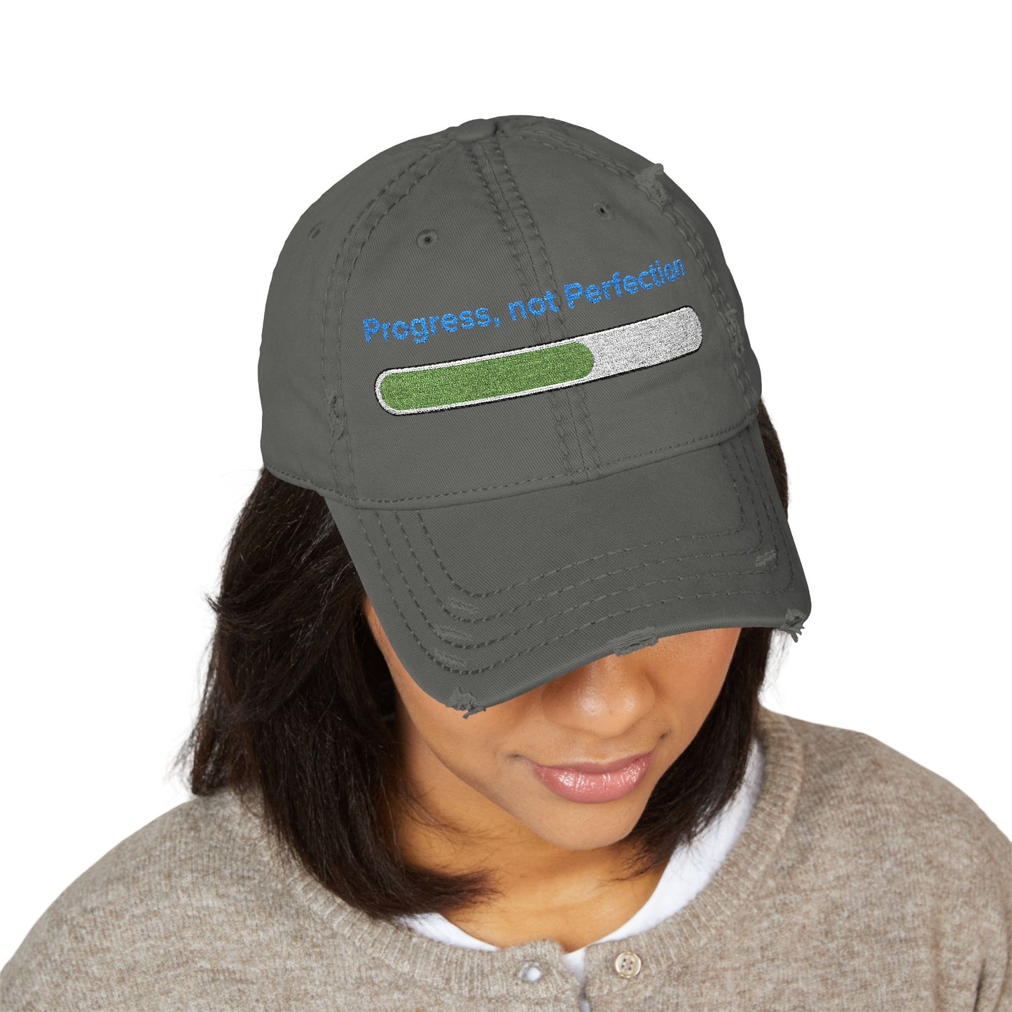 Embroidered "Progress, not Perfection"  Distressed Baseball Cap for Men and Women, Vintage Retro Hat, Inspirational Cap, Motivational Cap