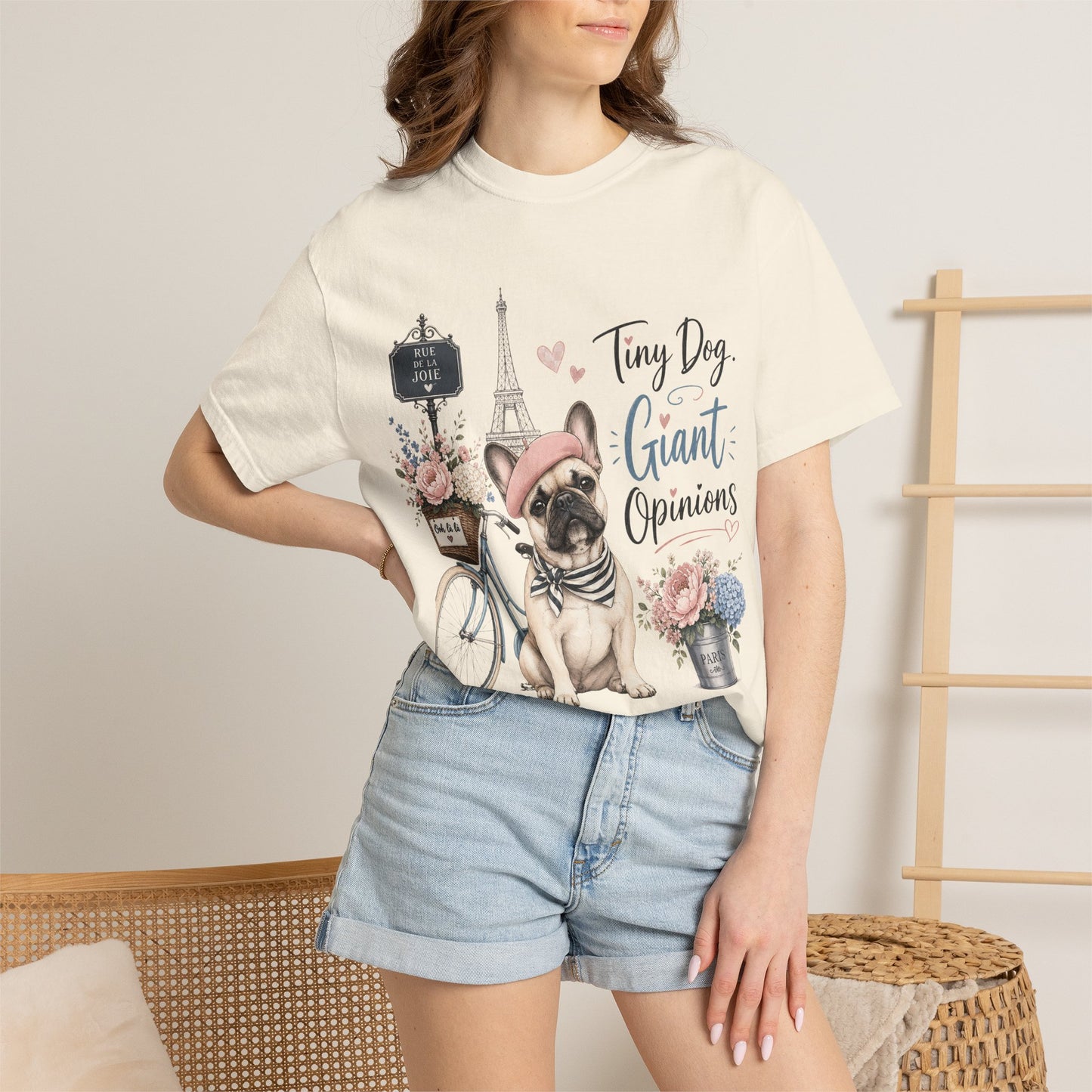 Tiny Dog, Giant Opinions T-shirt | French Bulldog Paris Design