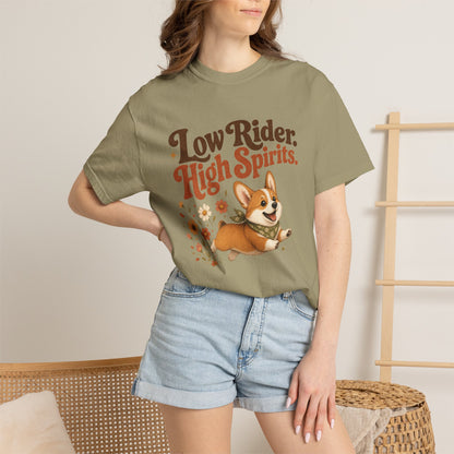 Low Rider High Spirits Corgi T-Shirt | Running Corgi Illustration, Autumn Leaves