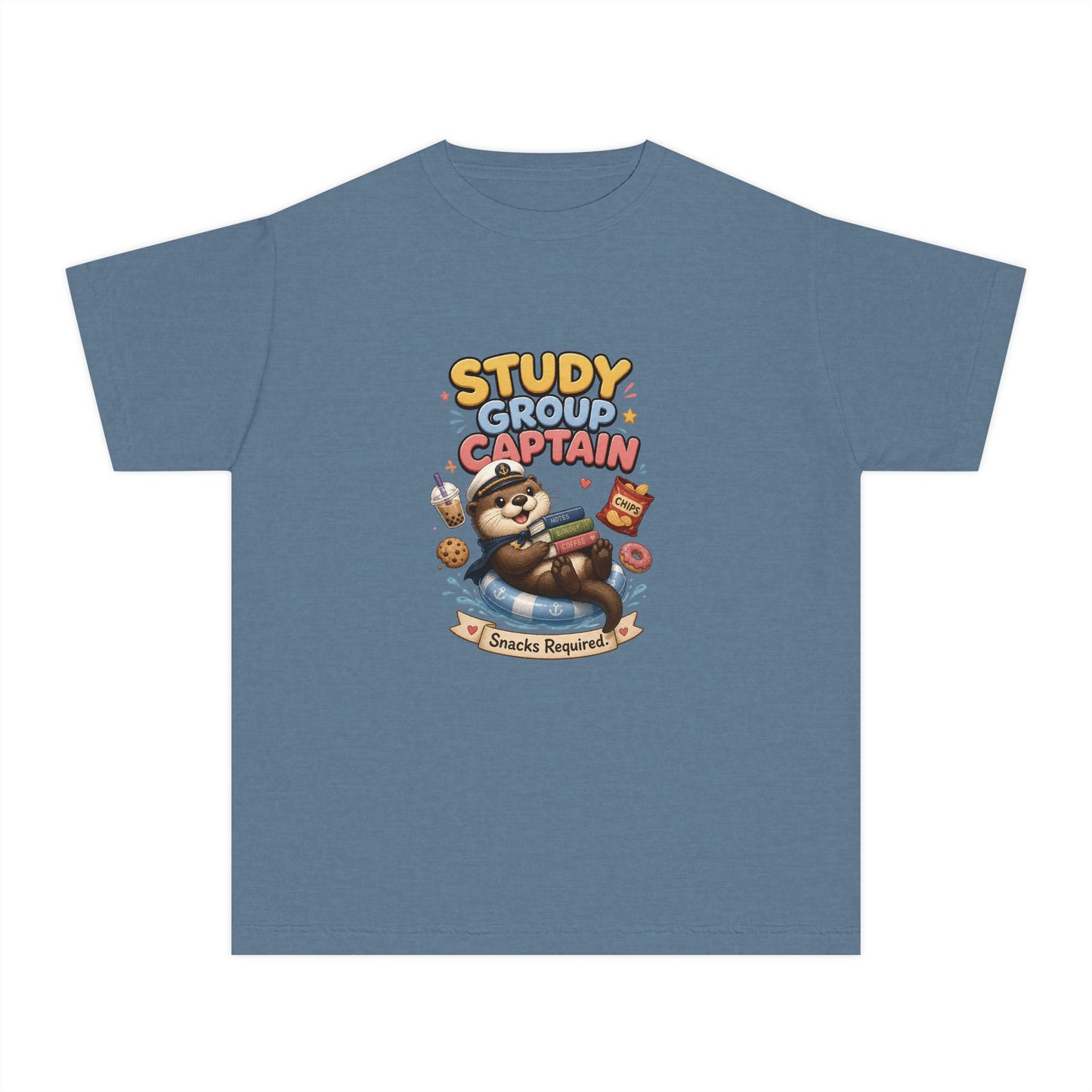 Study Group Captain Youth Tee | Sloth Studying Snacks Graphic