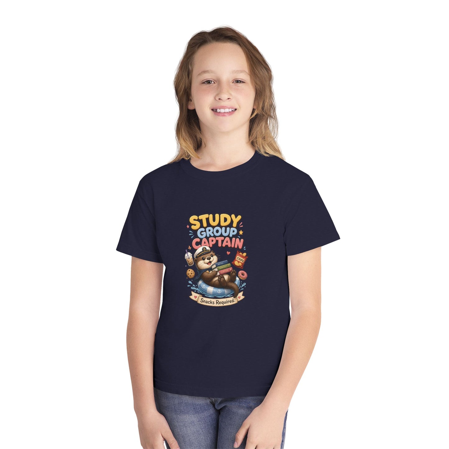 Study Group Captain Youth Tee | Sloth Studying Snacks Graphic