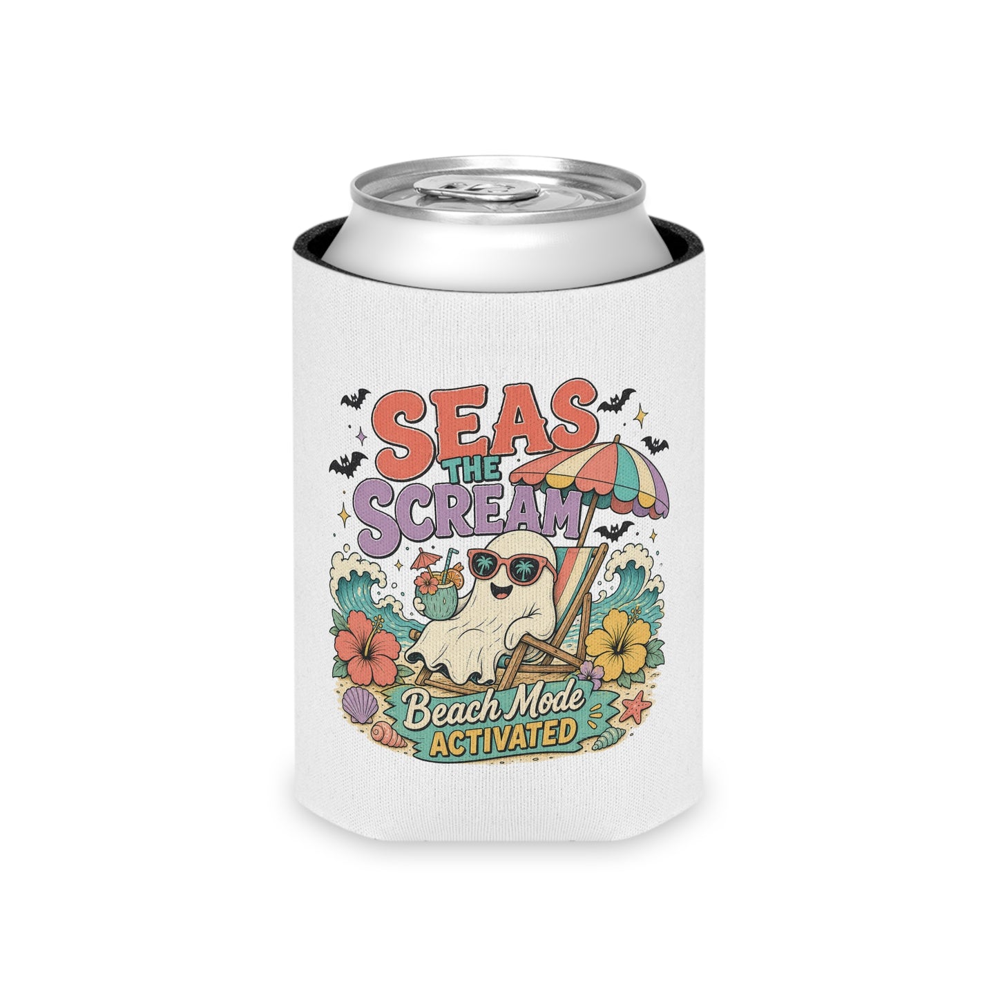Seas the Scream ghost beach scene Can Cooler | Beach Mode Activated, Tropical Flowers