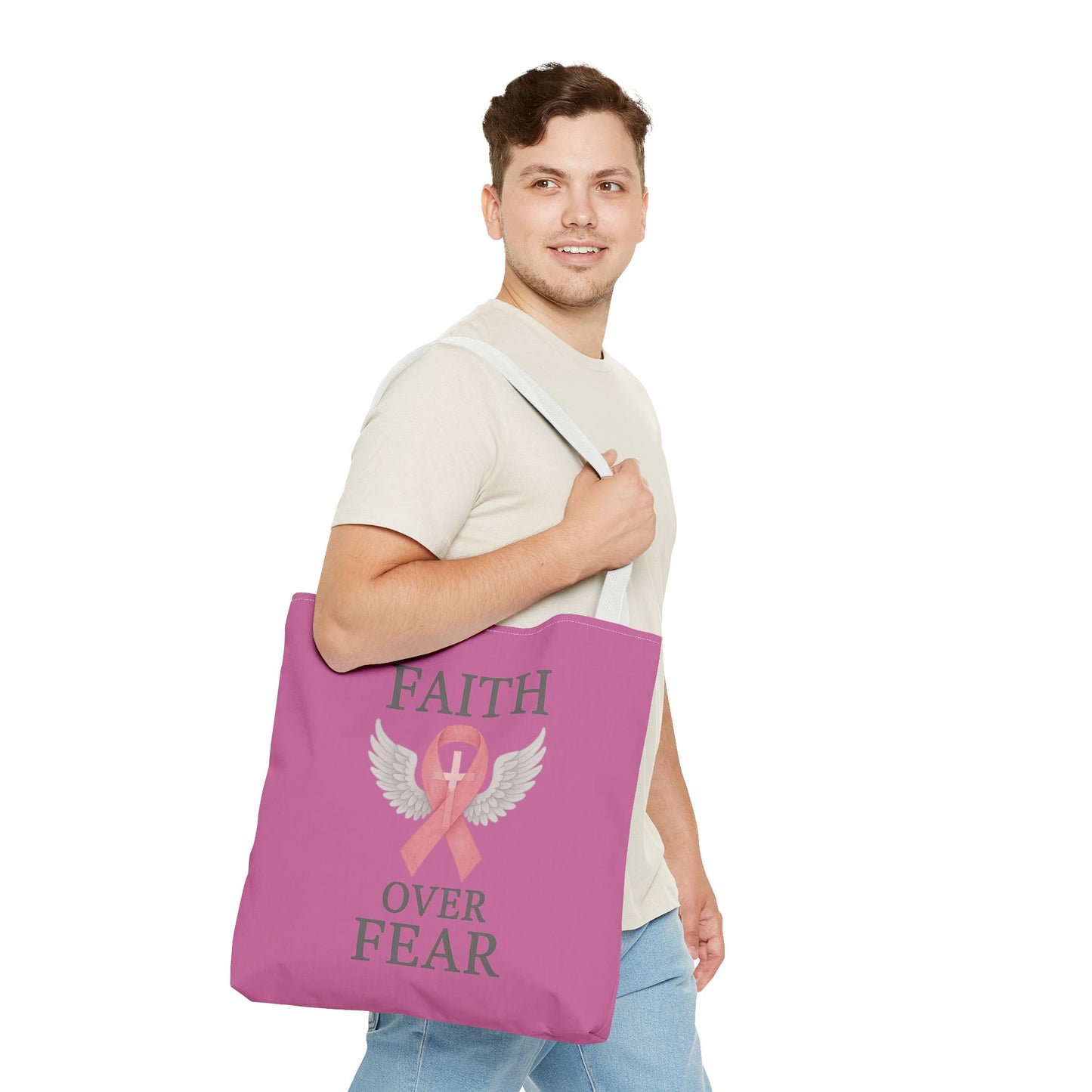 Faith Over Fear Tote Bag - Inspirational, Pink Ribbon, Breast Cancer Awareness, Motivational Gift, Everyday Use