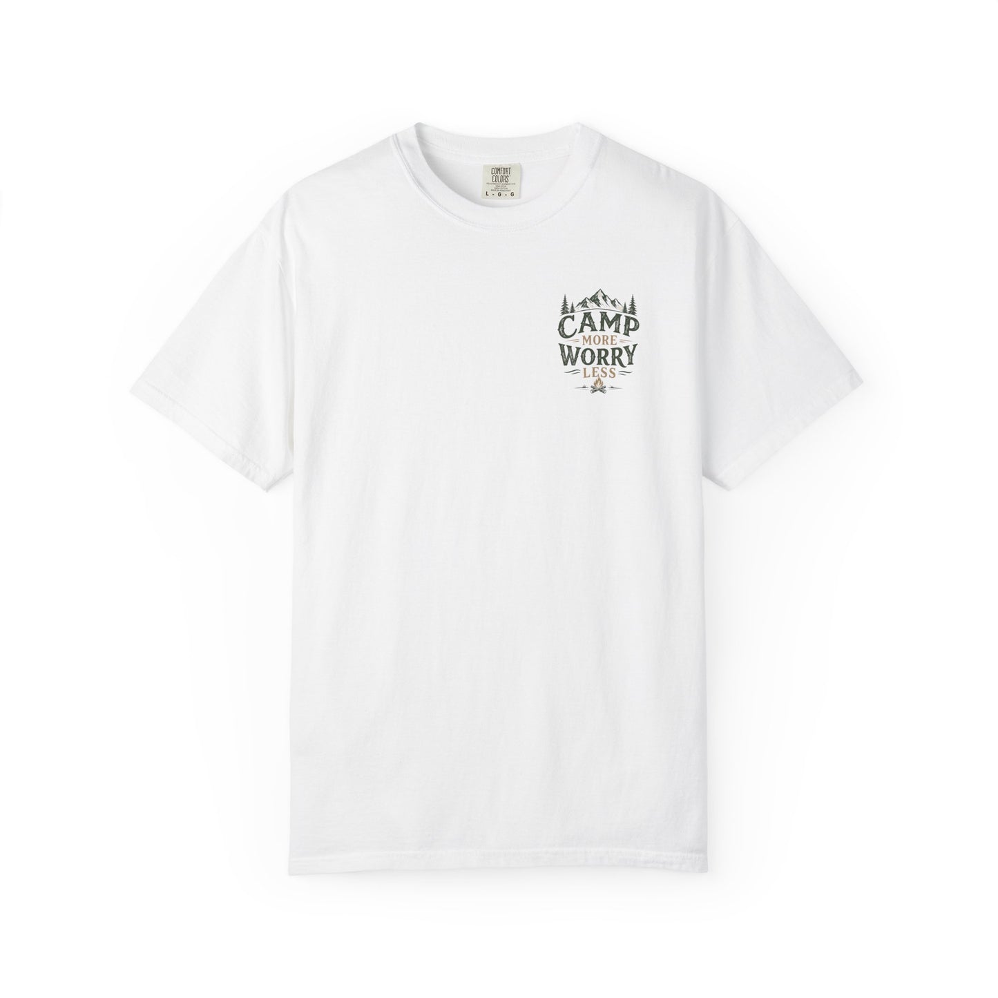 Camp More Worry Less T-shirt | Camping Mountains Pine Trees Design