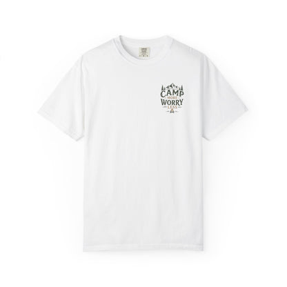Camp More Worry Less T-shirt | Camping Mountains Pine Trees Design