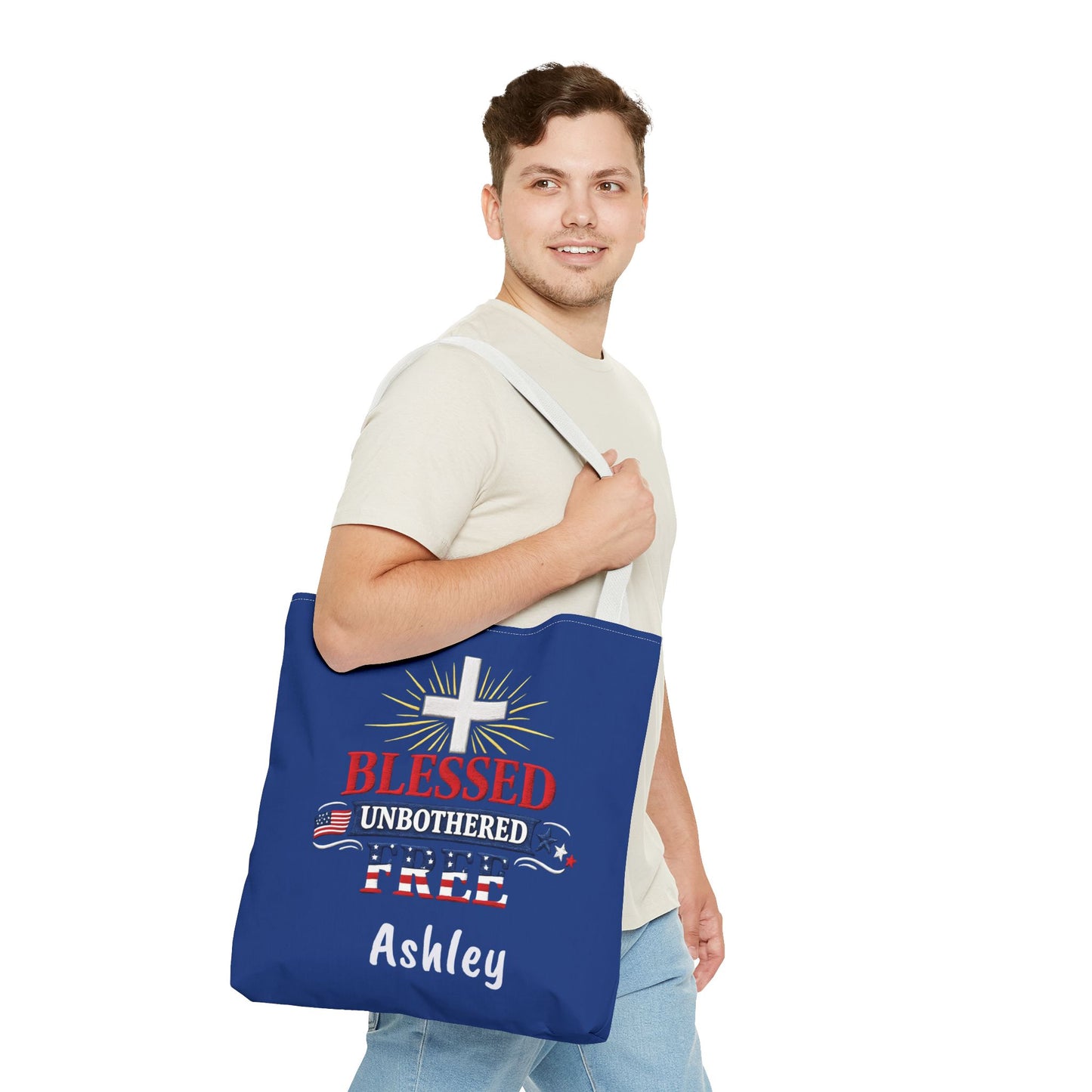 Blessed Unbothered Free Cross tote bag | patriotic faith design
