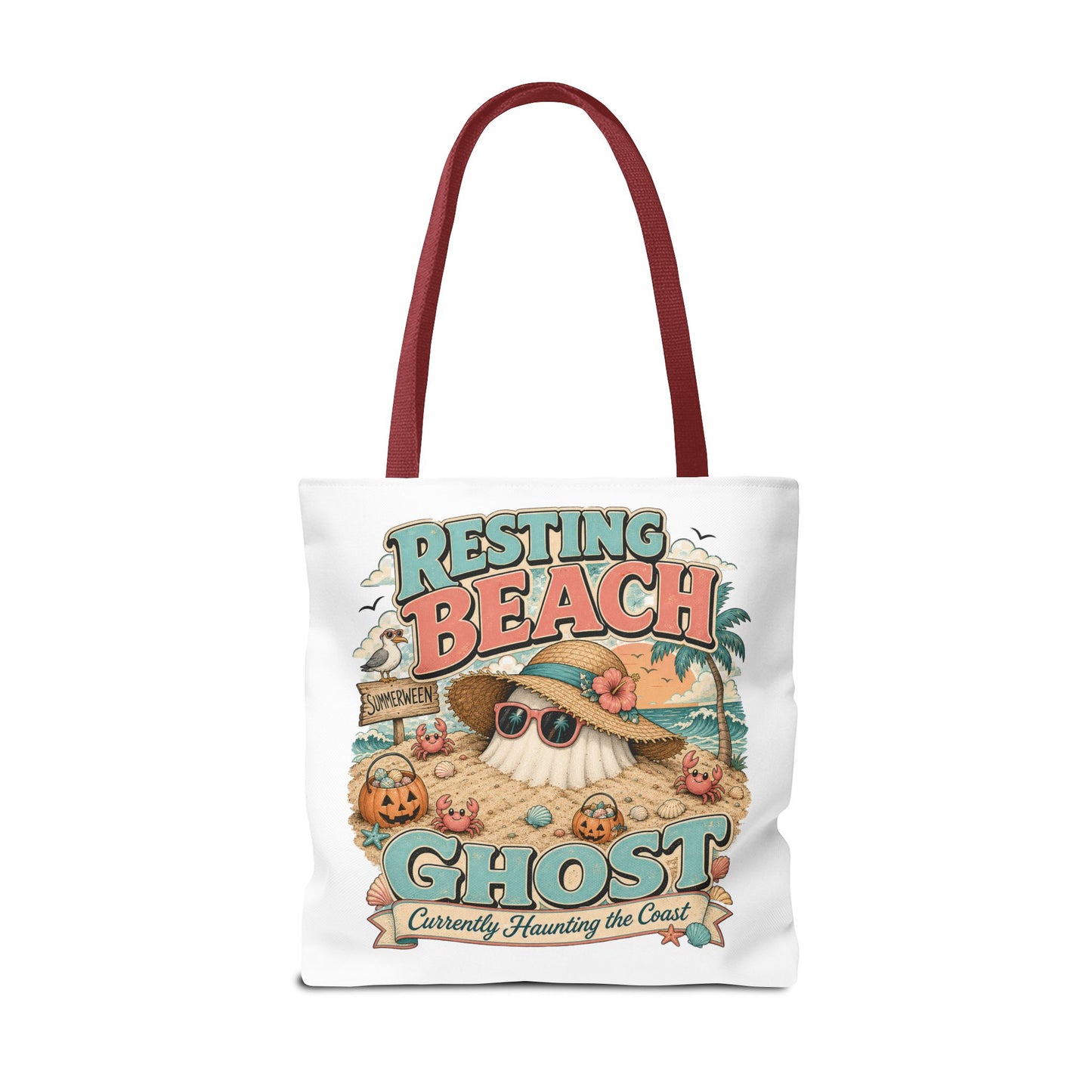 Resting Beach Ghost Tote Bag | Halloween Beach Ghost Illustration