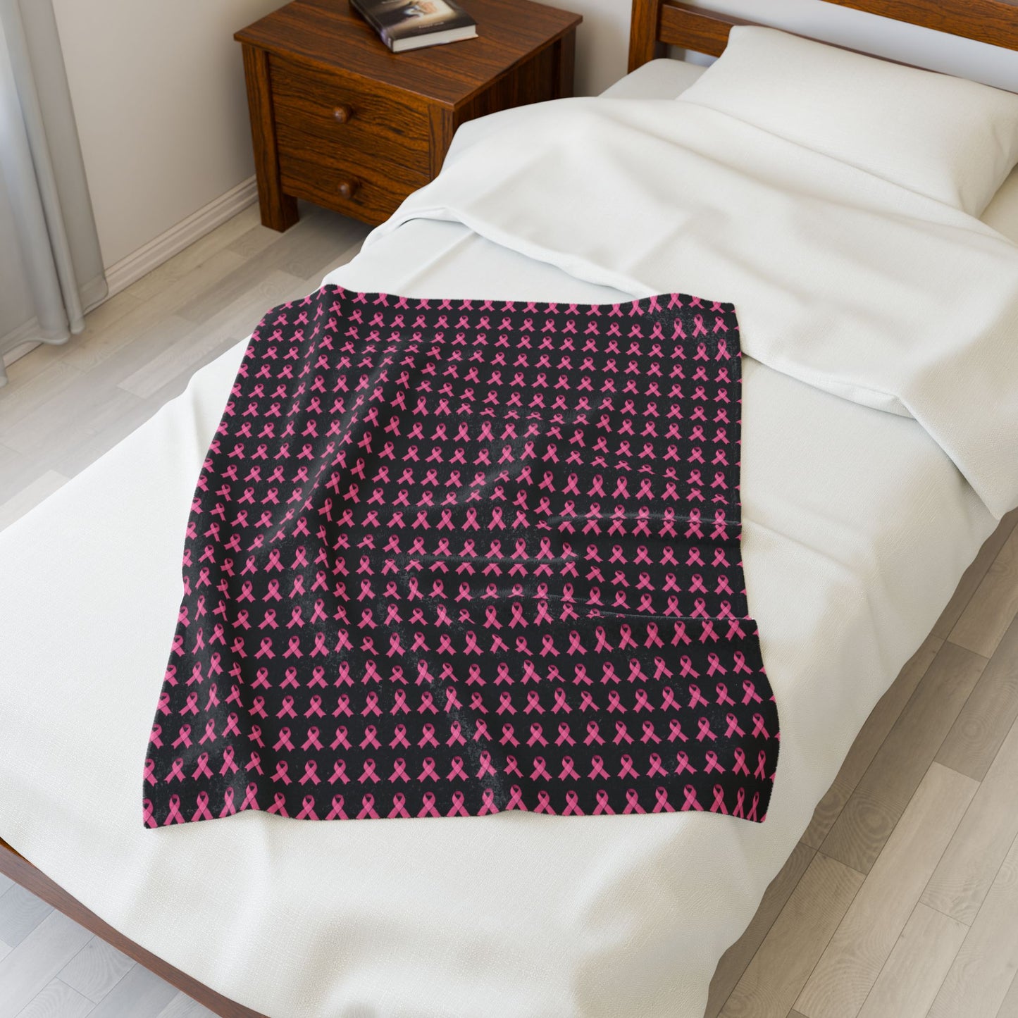 Soft Pink Ribbon Velveteen Blanket | Cozy Plush Throw for Breast Cancer Awareness, Comfort, Gift for Her, Home Decor, Cozy Snuggle, Black