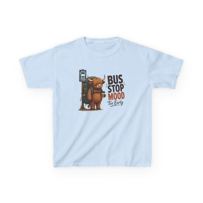 Bus Stop Mood Kids Tee | Grumpy Highland Cow Illustration, Funny Morning Shirt