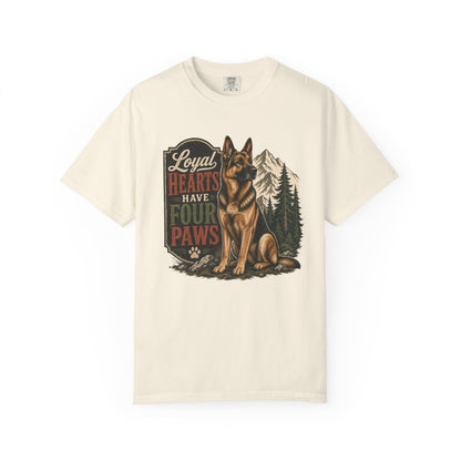 Loyal Hearts Have Four Paws German Shepherd T-shirt | Mountain Forest Dog Design