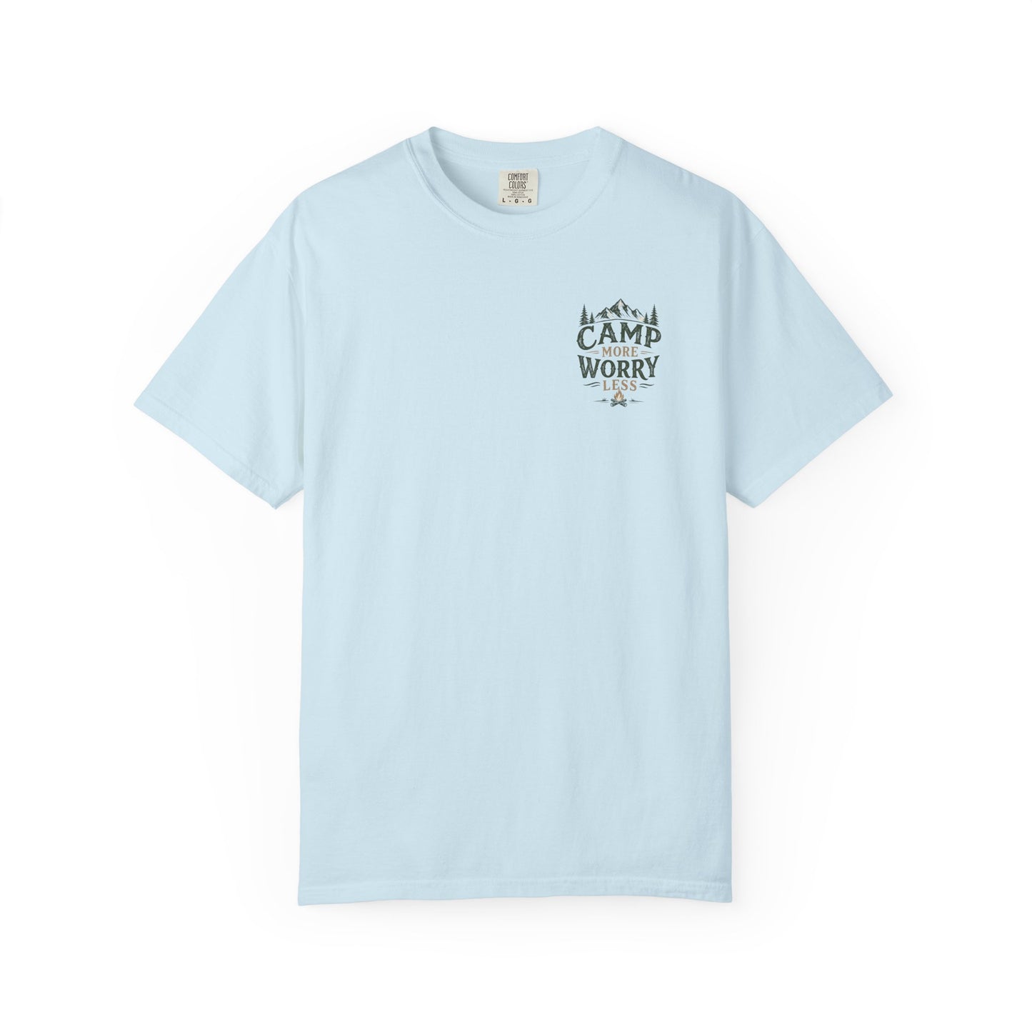Camp More Worry Less T-shirt | Camping Mountains Pine Trees Design