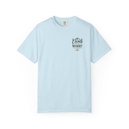 Camp More Worry Less T-shirt | Camping Mountains Pine Trees Design