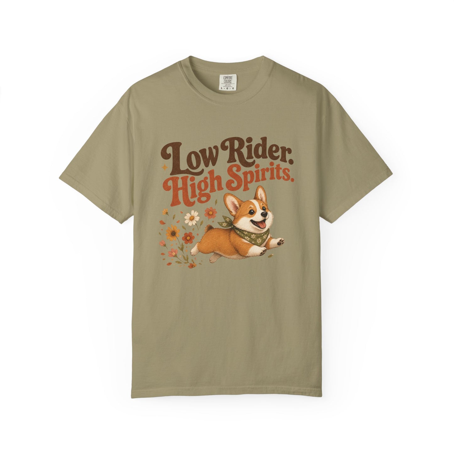 Low Rider High Spirits Corgi T-Shirt | Running Corgi Illustration, Autumn Leaves