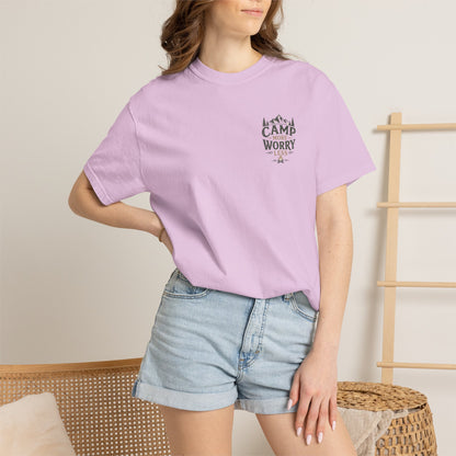 Camp More Worry Less T-shirt | Camping Mountains Pine Trees Design