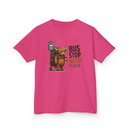 Bus Stop Mood Kids Tee | Grumpy Highland Cow Illustration, Funny Morning Shirt