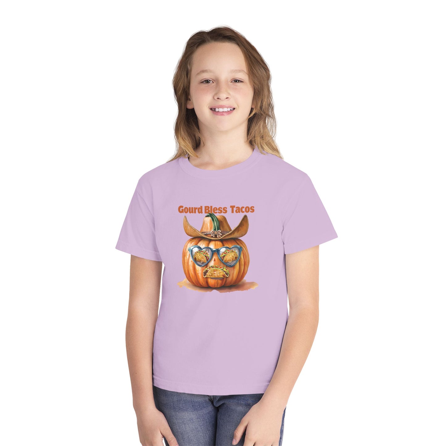 Whimsical Fall Youth Tee - Gourd Bless Tacos, Halloween Shirt, Kids Autumn Apparel, Thanksgiving Humor Top, Funny Seasonal Gift